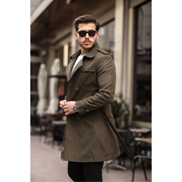 Erkek Haki Kemerli Su ve Rüzgar Geçirmez Trençkot Pardesü