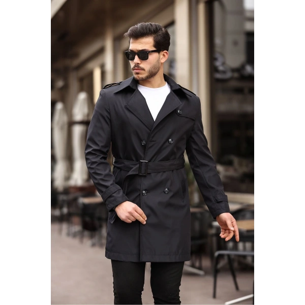 Erkek Siyah Kemerli Su ve Rüzgar Geçirmez Trençkot Pardesü