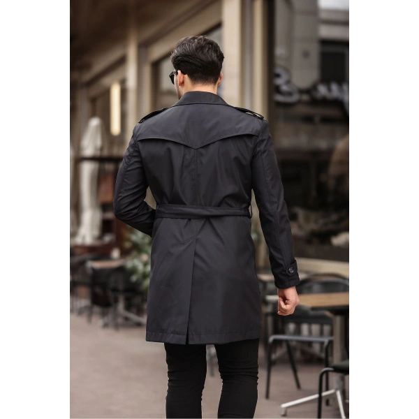 Erkek Siyah Kemerli Su ve Rüzgar Geçirmez Trençkot Pardesü