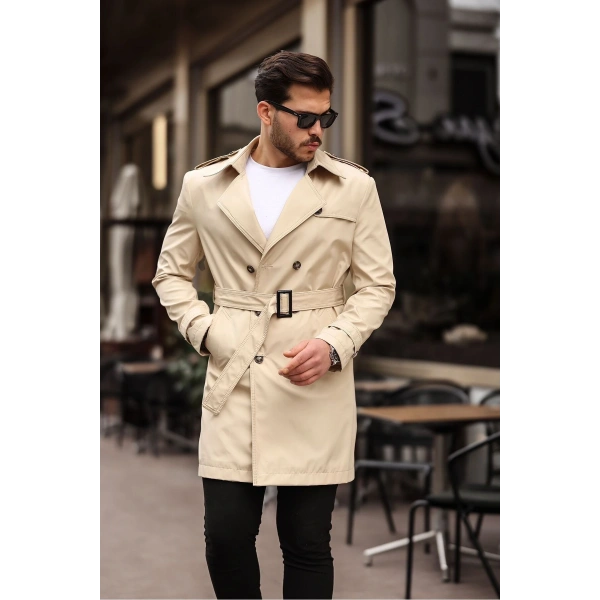 Erkek Bej Kemerli Su ve Rüzgar Geçirmez Trençkot Pardesü