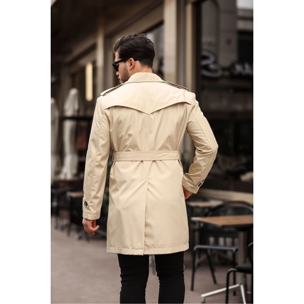 Erkek Bej Kemerli Su ve Rüzgar Geçirmez Trençkot Pardesü