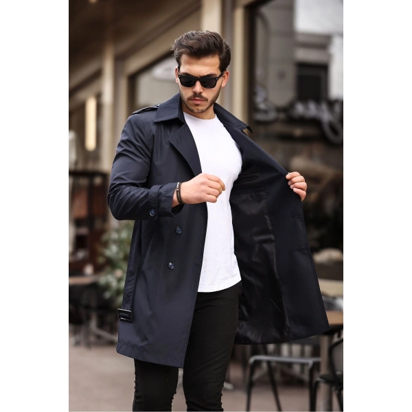 Erkek Lacivert Kemerli Su ve Rüzgar Geçirmez Trençkot Pardesü