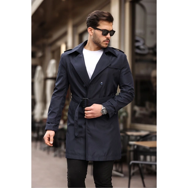 Erkek Lacivert Kemerli Su ve Rüzgar Geçirmez Trençkot Pardesü
