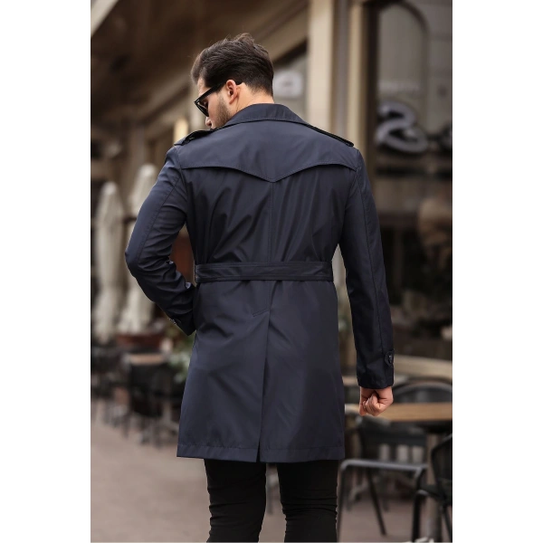 Erkek Lacivert Kemerli Su ve Rüzgar Geçirmez Trençkot Pardesü