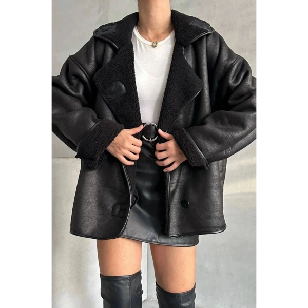 Dokulu Süet İçi Kürk Oversize Zr Mont