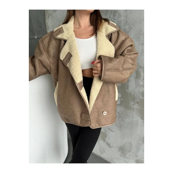 Dokulu Kahve Süet İçi Kürk Oversize Zr Mont