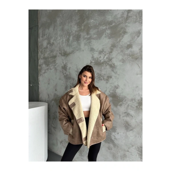 Dokulu Kahve Süet İçi Kürk Oversize Zr Mont