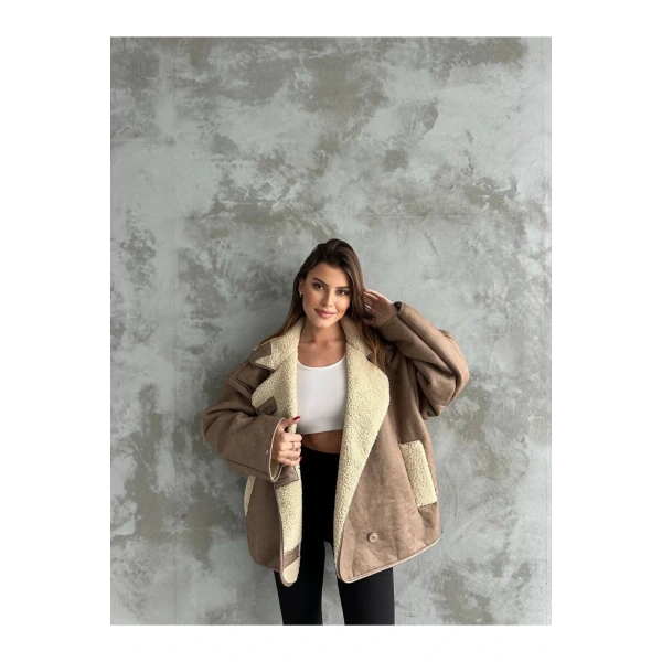 Dokulu Kahve Süet İçi Kürk Oversize Zr Mont