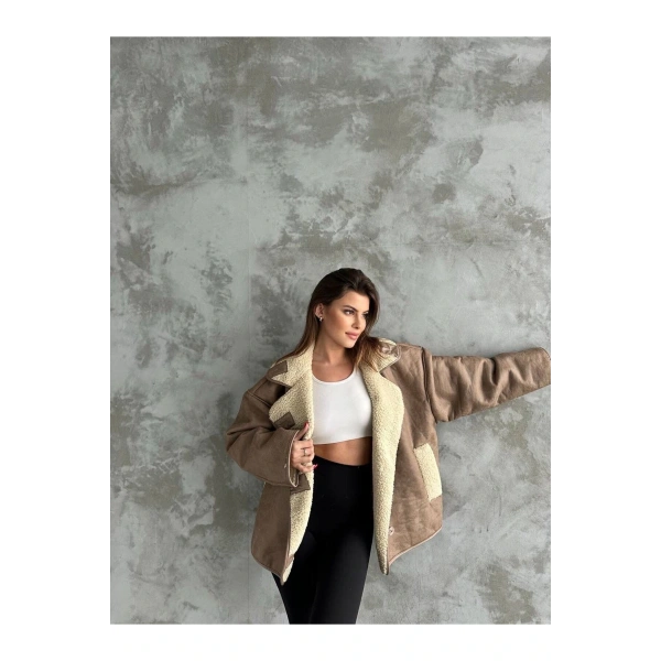 Dokulu Kahve Süet İçi Kürk Oversize Zr Mont