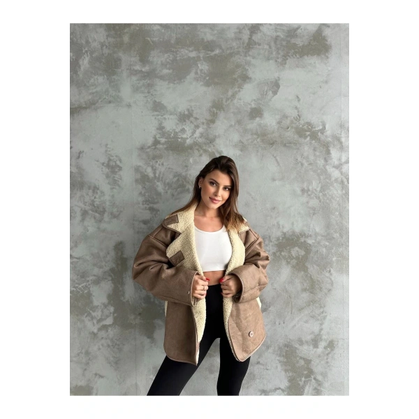 Dokulu Kahve Süet İçi Kürk Oversize Zr Mont