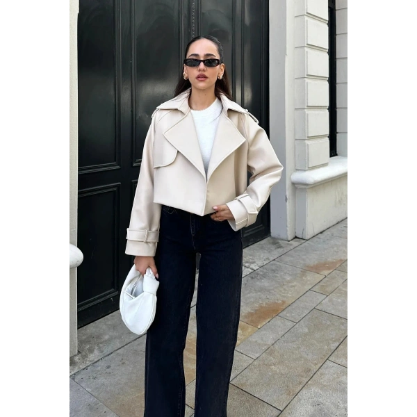 OVERSİZE EKRU DERİ CEKET