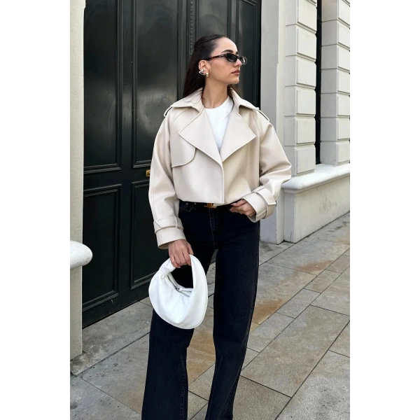 OVERSİZE EKRU DERİ CEKET