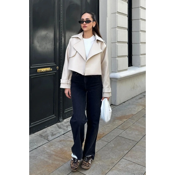 OVERSİZE EKRU DERİ CEKET