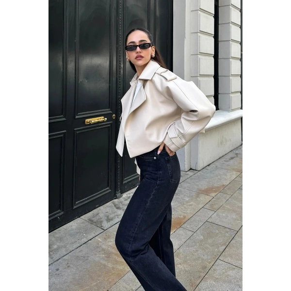 OVERSİZE EKRU DERİ CEKET