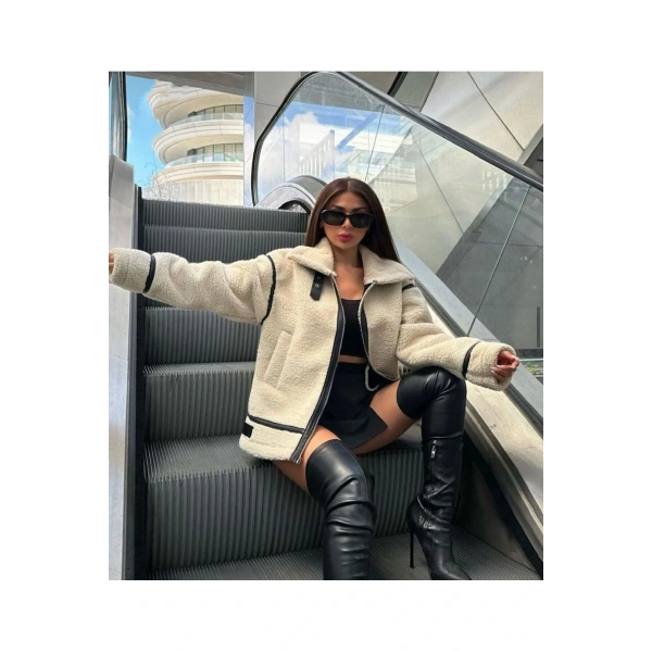 Kadın Bej Premium Tasarım Fermuarlı Peluş Mont LQ