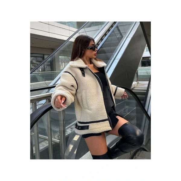 Kadın Bej Premium Tasarım Fermuarlı Peluş Mont LQ