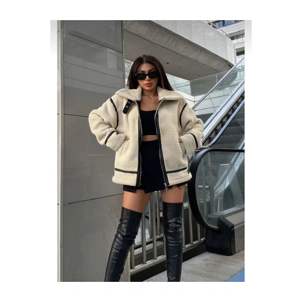 Kadın Bej Premium Tasarım Fermuarlı Peluş Mont LQ