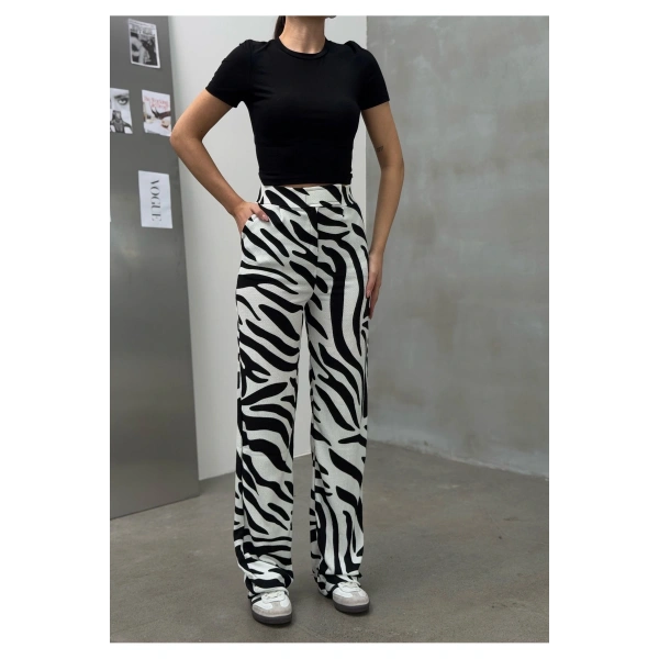 Zebra Desen Cırtlı Palazzo Yüksek Bel ayarlanabilir Bel Bol Paça pantolon
