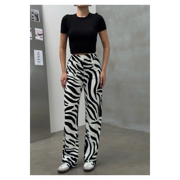 Zebra Desen Cırtlı Palazzo Yüksek Bel ayarlanabilir Bel Bol Paça pantolon