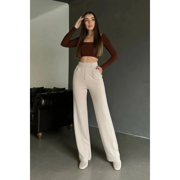 Kadın Likralı Cırt Kapama Bej Palazzo Pantolon