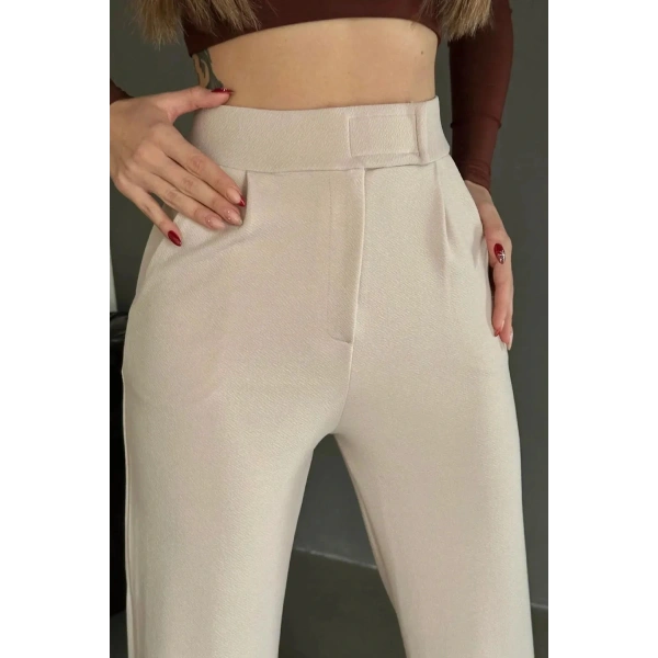 Kadın Likralı Cırt Kapama Bej Palazzo Pantolon