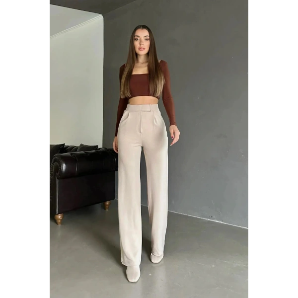 Kadın Likralı Cırt Kapama Bej Palazzo Pantolon