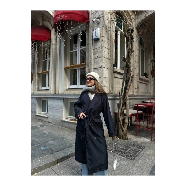 Kadın Lacivert Kuşaklı Yeni Sezon Trençkot