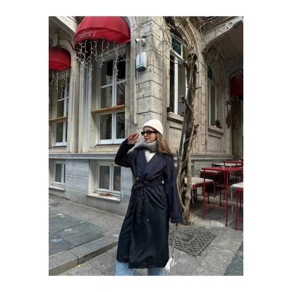 Kadın Lacivert Kuşaklı Yeni Sezon Trençkot