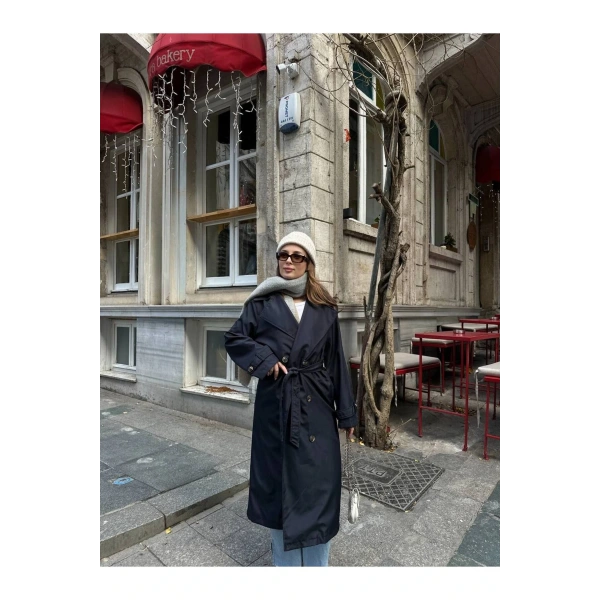 Kadın Lacivert Kuşaklı Yeni Sezon Trençkot
