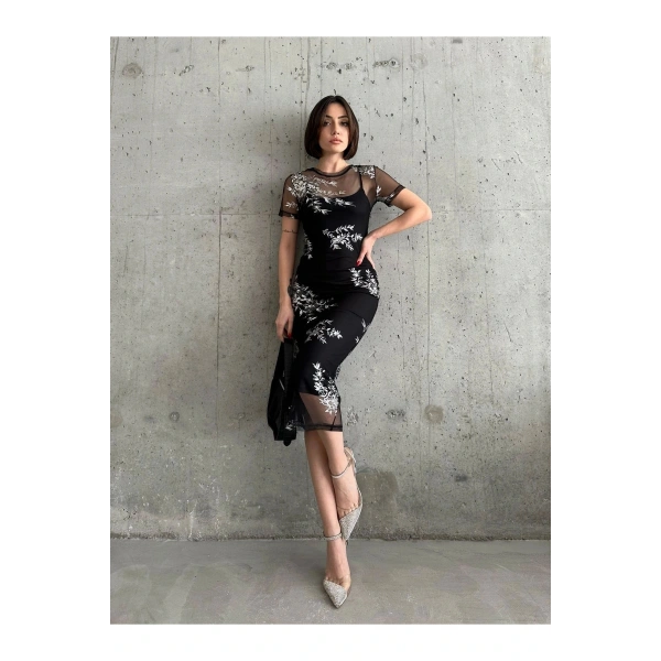 Kadın Trend Varak Desenli Tül Astarlı Elbise Puqqa