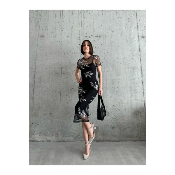 Kadın Trend Varak Desenli Tül Astarlı Elbise Puqqa