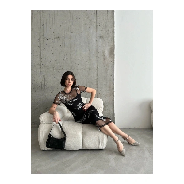 Kadın Trend Varak Desenli Tül Astarlı Elbise Puqqa