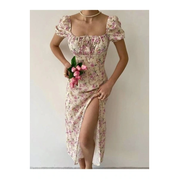 Kadın Sarı Çok Renkli Çiçek Desenli Kare Yaka Yırtmaçlı Premium Midi Elbise 02