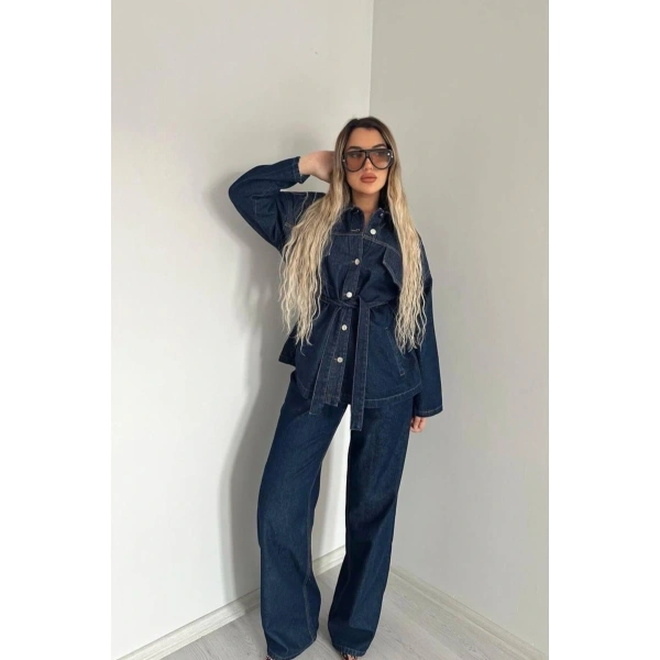 Koyu Lacivert Bağlamalı Denim Takım Oversize Ceket ve Pantolon