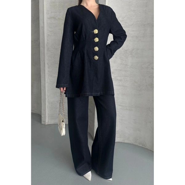 Koyu Lacivert Bağlamalı Denim Takım Oversize Ceket ve Pantolon