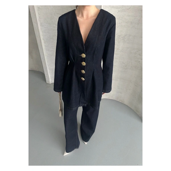 Koyu Lacivert Bağlamalı Denim Takım Oversize Ceket ve Pantolon