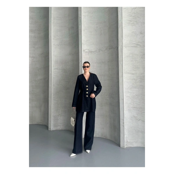 Koyu Lacivert Bağlamalı Denim Takım Oversize Ceket ve Pantolon