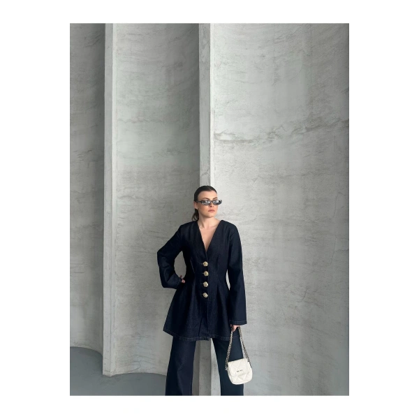 Koyu Lacivert Bağlamalı Denim Takım Oversize Ceket ve Pantolon