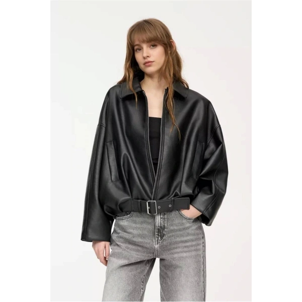 Yeni Sezon P&B Suni Oversize Bomber Deri Ceket