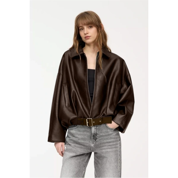 Yeni Sezon P&B Suni Oversize Bomber Deri Ceket