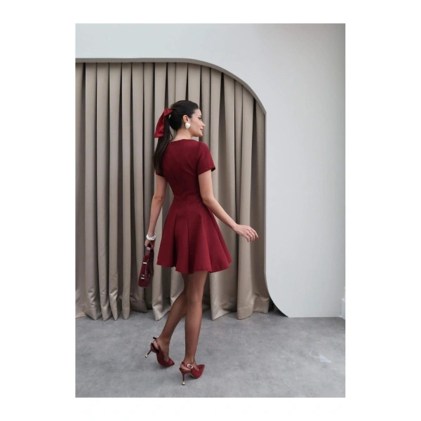 Kadın Kahve Oval Yaka Pileli Elbise