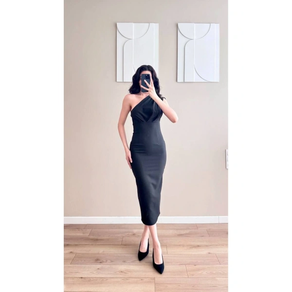 Kadın Yaka Pileli Tek Omuzlu Elbise