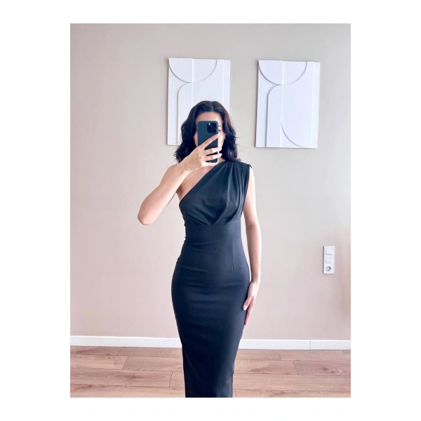 Kadın Yaka Pileli Tek Omuzlu Elbise