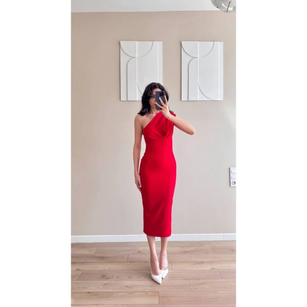 Kadın Yaka Pileli Tek Omuzlu Elbise