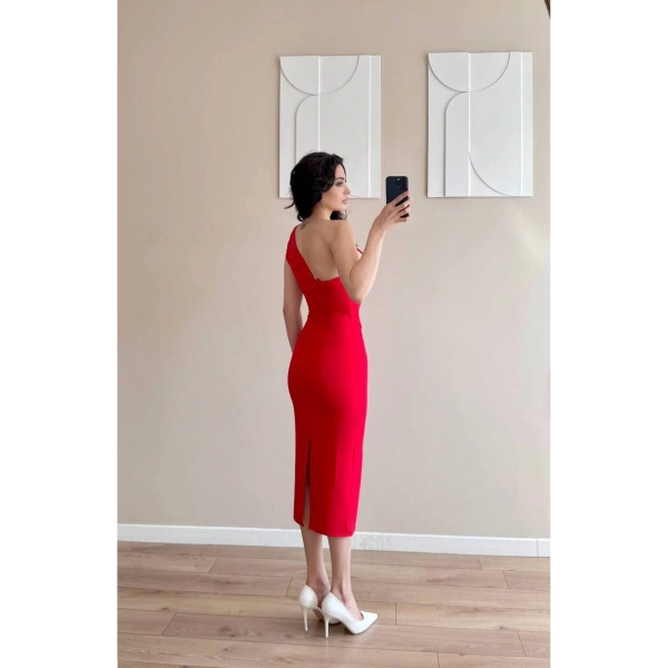 Kadın Yaka Pileli Tek Omuzlu Elbise