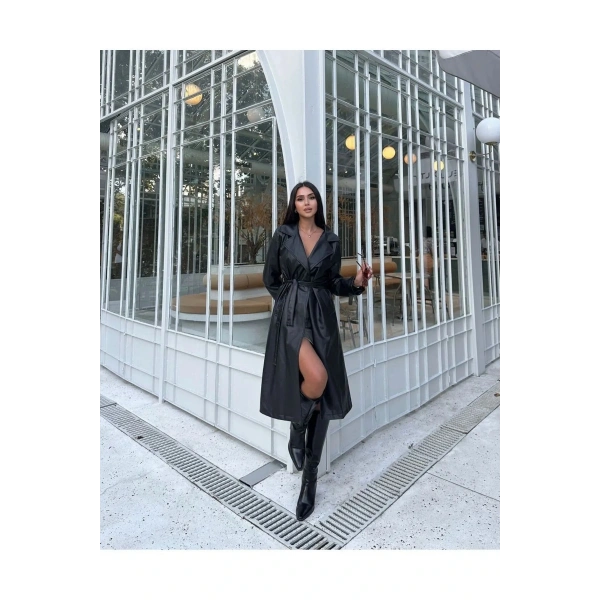 Kadın Siyah Kuşaklı Uzun Deri Pardesü