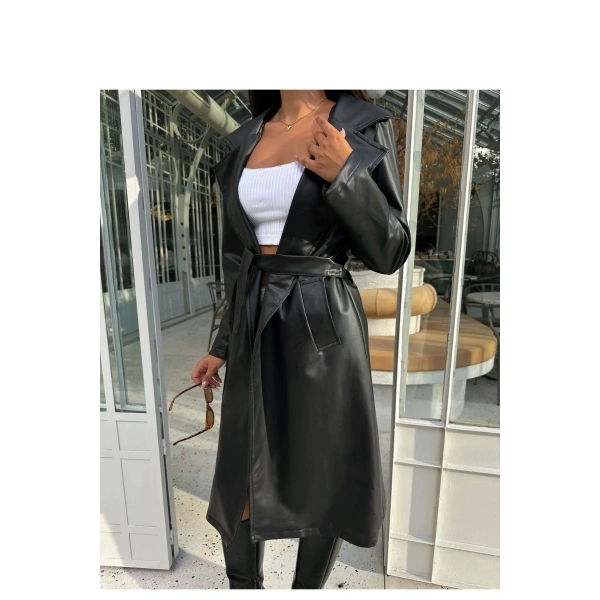 Kadın Siyah Kuşaklı Uzun Deri Pardesü