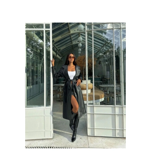 Kadın Siyah Kuşaklı Uzun Deri Pardesü