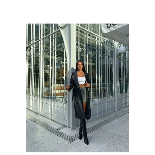 Kadın Siyah Kuşaklı Uzun Deri Pardesü