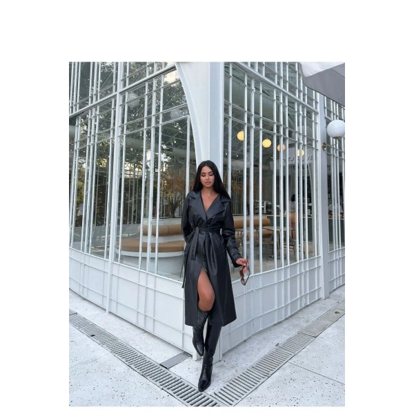 Kadın Siyah Kuşaklı Uzun Deri Pardesü